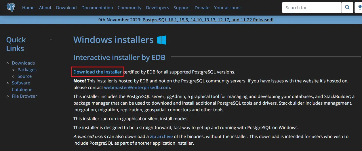 Download the installer Postgres